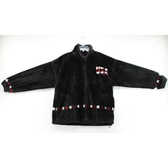 VTG 90s Bear Ridge Sherpa Fleece USA Flag Images in fur Jacket USA Made Small - Picture 2 of 10